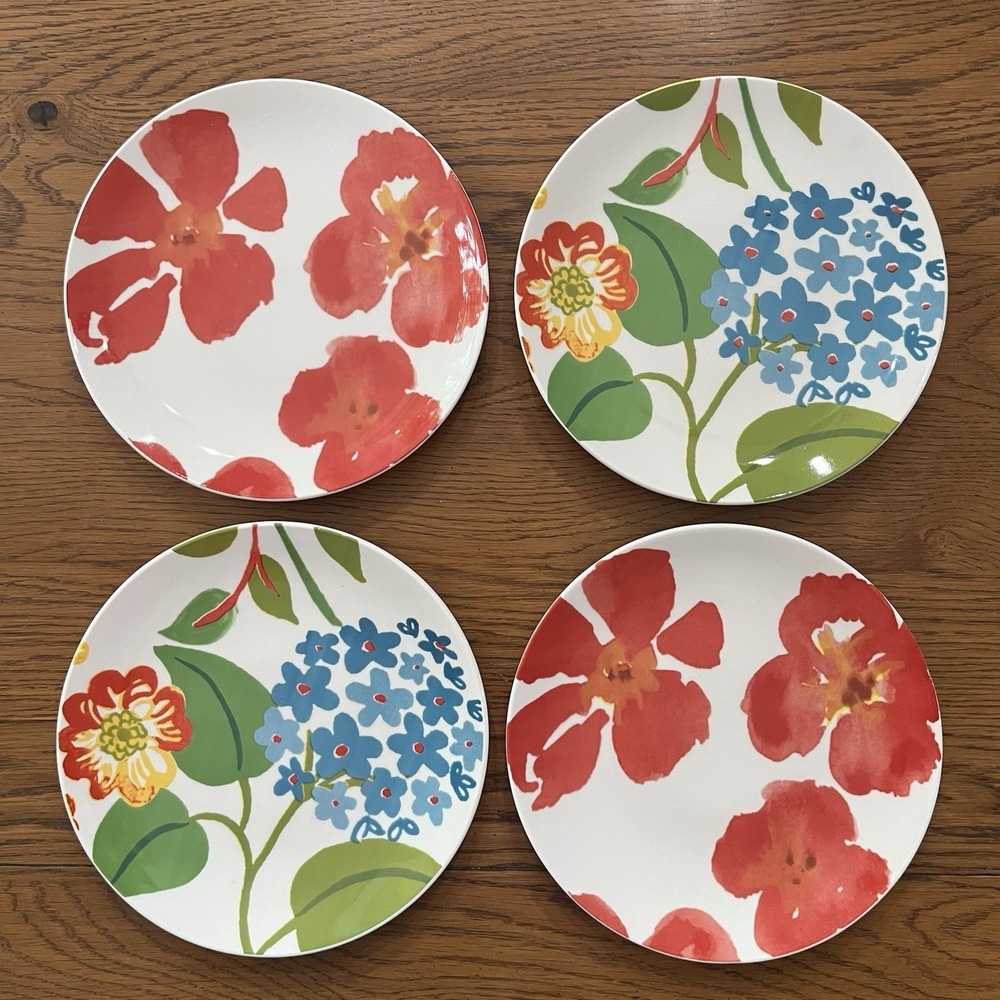 Pottery Barn 8" Floral Salad Plates Set of 4 Garden Graphic